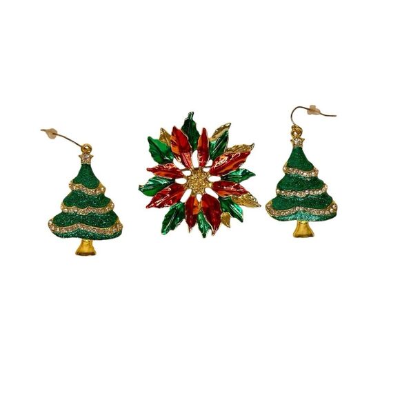 Gerrys Brooch Vtg Pin Christmas Earrings Set Tree Poinsettia Flower Red Green - Picture 1 of 9